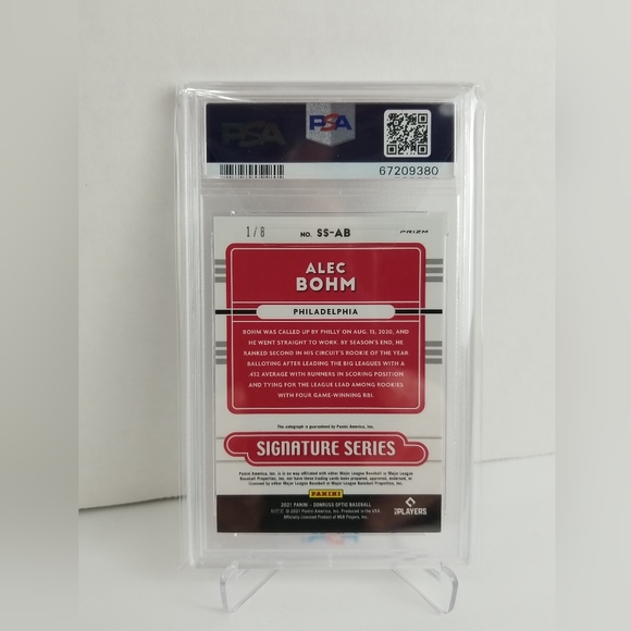 2021 Alec Bohm RC Donruss Optic Signature Series Pandora Purple 1/8 -PSA 8 NM-MT - Picture 2 of 3